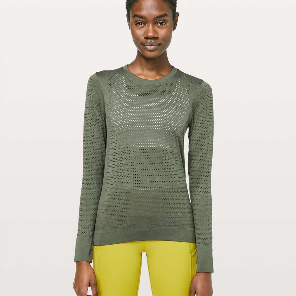 Lululemon Breeze By Long Sleeve Olive Perforated Top Sz 4